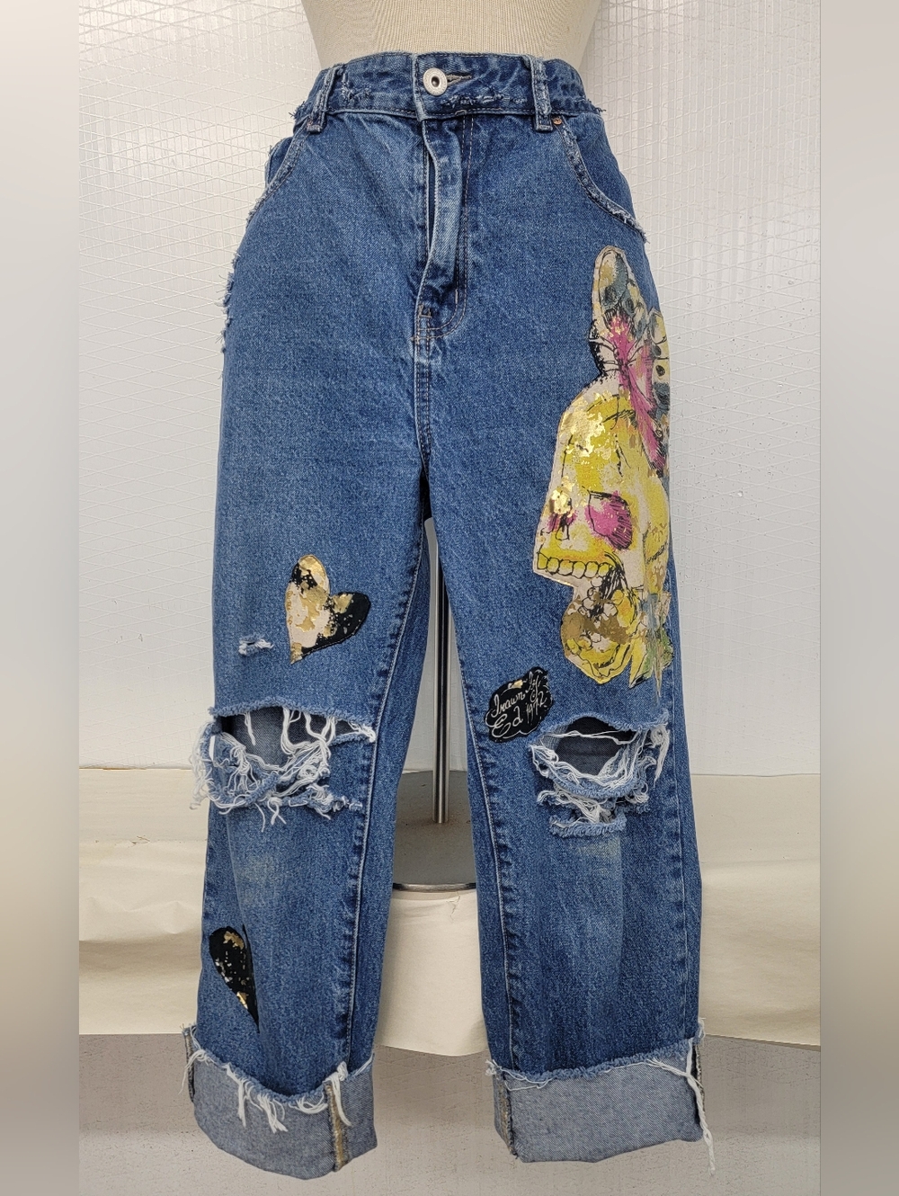 Upcycled Boyfriend Grunge Jeans With Skull & Heart Graphics